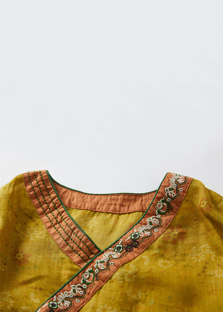 Classy Yellow Embroideried Lace Up Cotton Blouses Spring