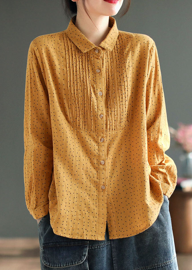 Classy Yellow Peter Pan Collar Print Wrinkled Patchwork Cotton Blouses Spring