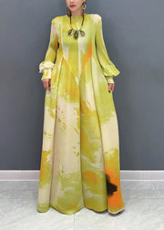 Classy Yellow Print Patchwork Chiffon Long Dress Puff Sleeve