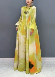 Classy Yellow Print Patchwork Chiffon Long Dress Puff Sleeve