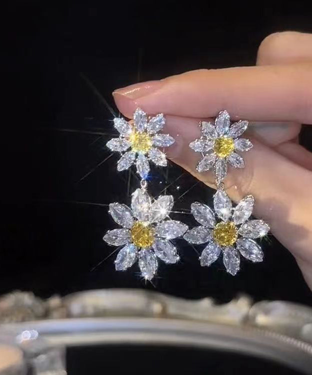 Classy Yellow Stering Silver Overgild Zircon Sunflower Drop Earrings