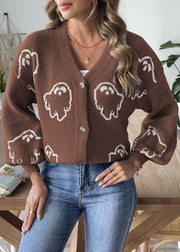 Coffee Button Patchwork Knit Coats Long Sleeve