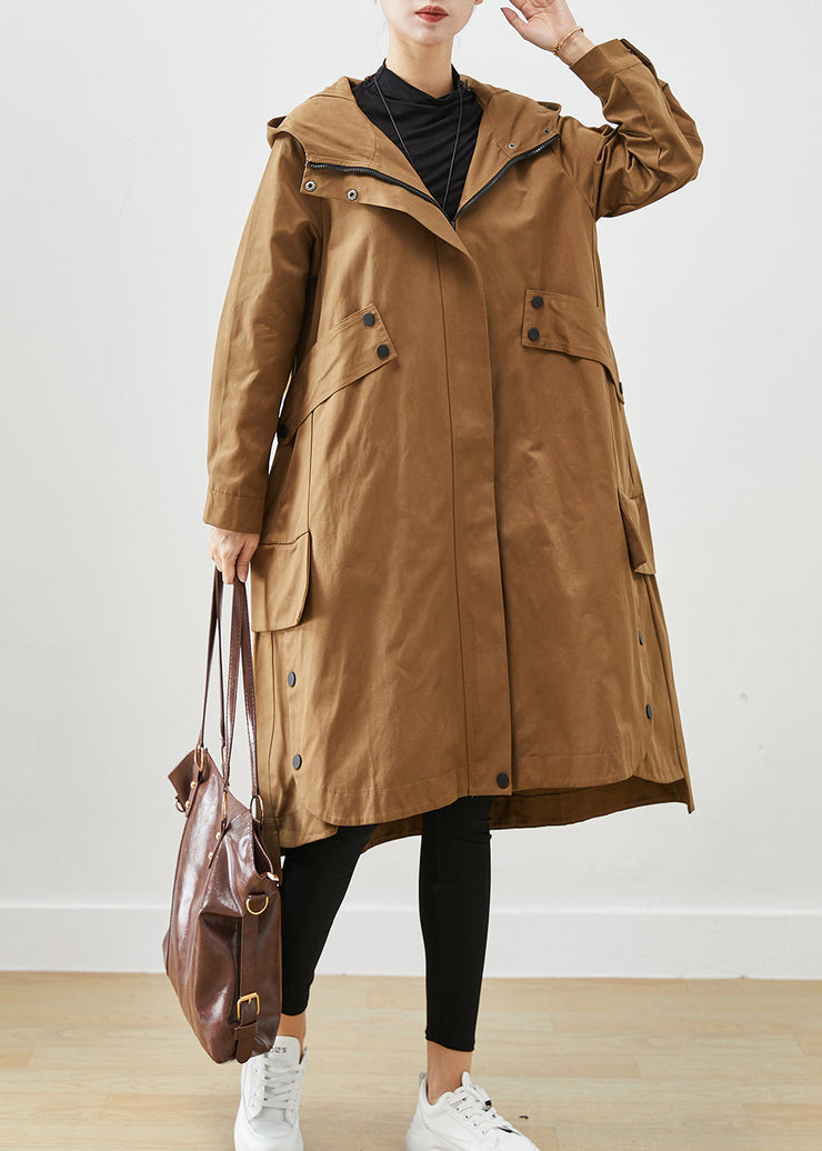 Coffee Patchwork Cotton Trench Oversized Pockets Fall