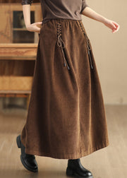 Coffee Solid Lace Up Corduroy Skirts High Waist