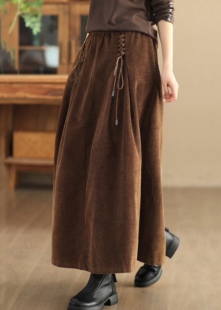 Coffee Solid Lace Up Corduroy Skirts High Waist