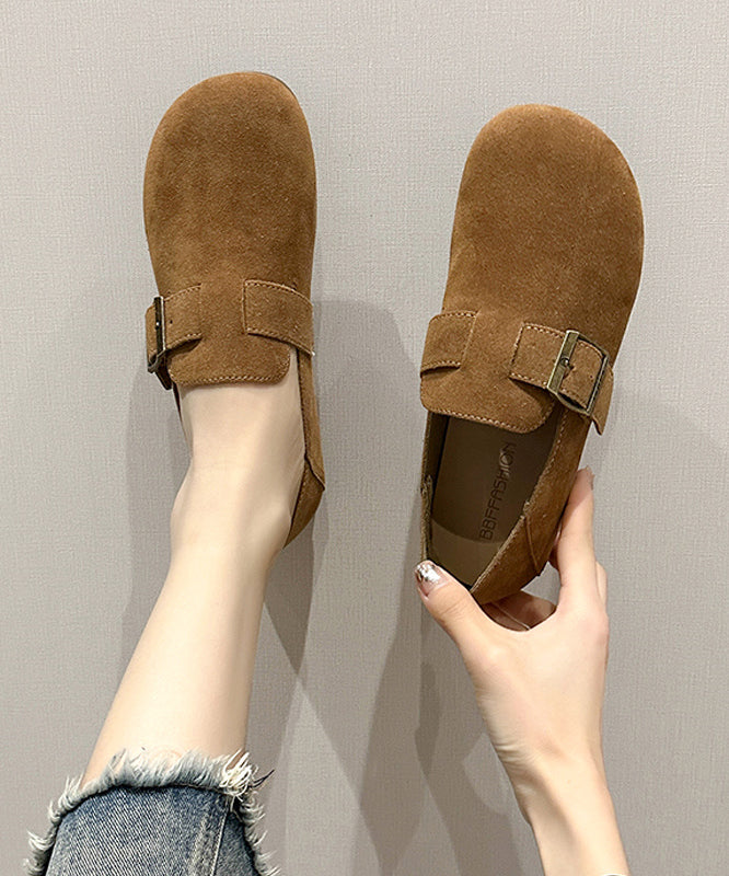 Comfortable Beige Suede Splicing Buckle Strap Flat Shoes