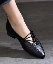 Comfortable Pointed Toe Floral Flats Shoes Black Sheepskin