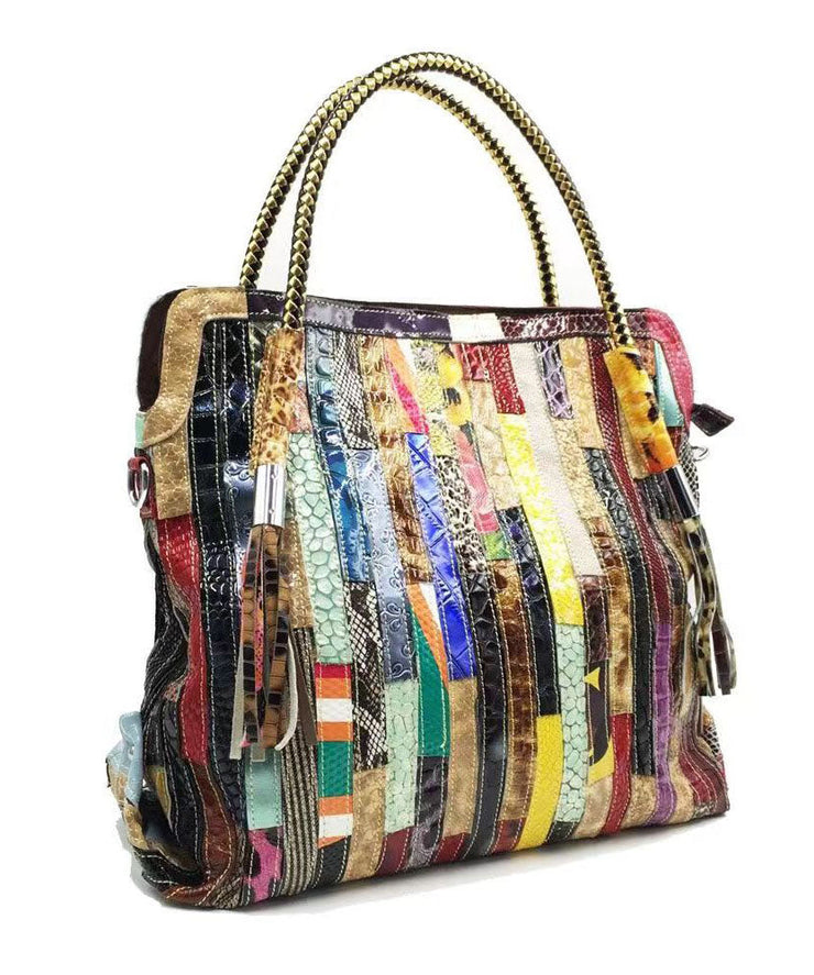 Cowhide Snake Striped Patchwork Durable Tote Handbag