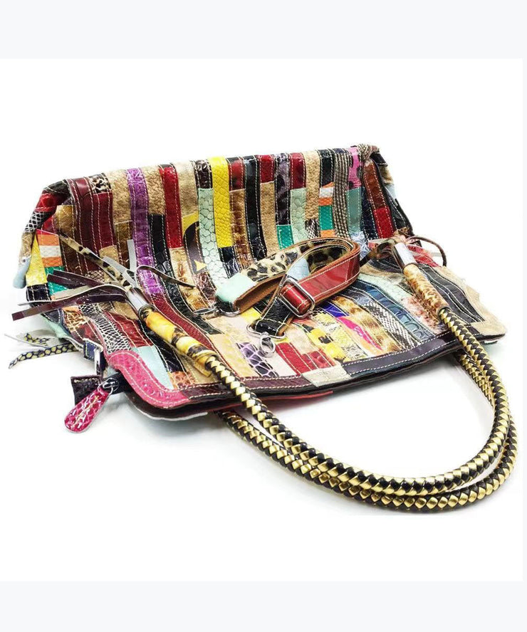 Cowhide Snake Striped Patchwork Durable Tote Handbag