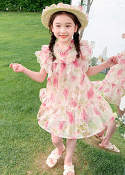 Cute Apricot Stand Collar Print Tulle Girls Mid Dress Summer