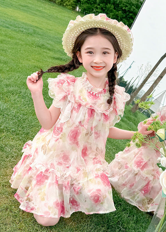 Cute Apricot Stand Collar Print Tulle Girls Mid Dress Summer