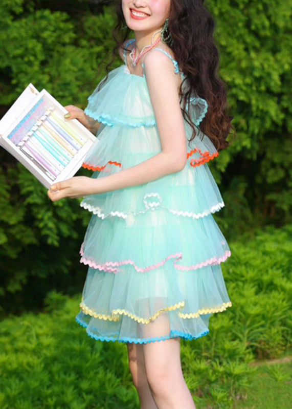 Cute Blue Slash Neck Patchwork Spaghetti Strap Cake Dress Summer