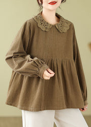 Cute Khaki Lace Patchwork Wrinkled Tops Long Sleeve