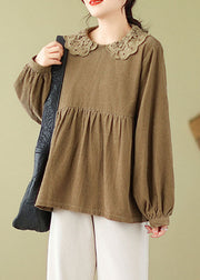 Cute Khaki Lace Patchwork Wrinkled Tops Long Sleeve