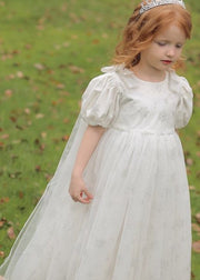 Cute Lighy Blue O-Neck Patchwork Wrinkled Tulle Kids Long Dress Summer