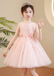 Cute Pink O-Neck Floral Pearl Tulle Girls Maxi Dress Sleeveless