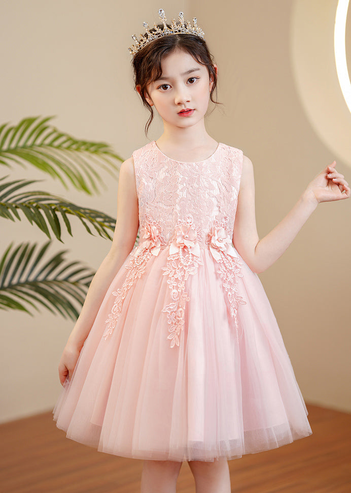 Cute Pink O-Neck Floral Pearl Tulle Girls Maxi Dress Sleeveless