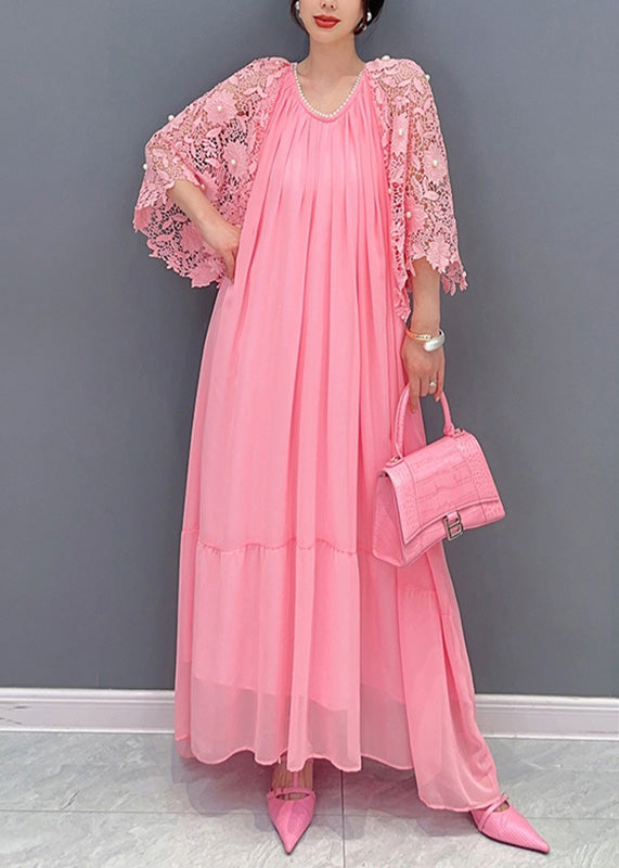 Cute Pink O-Neck Lace Patchwork Nail Bead Chiffon Long Dress Summer