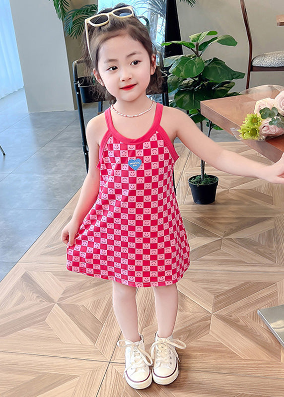 Cute Pink O-Neck Print Girls Slip Mid Dress Summer