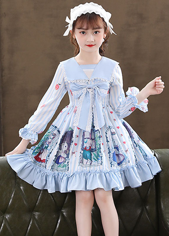 Cute Pink Print Ruffled Patchwork Bow Girls Mid Dresses Fall