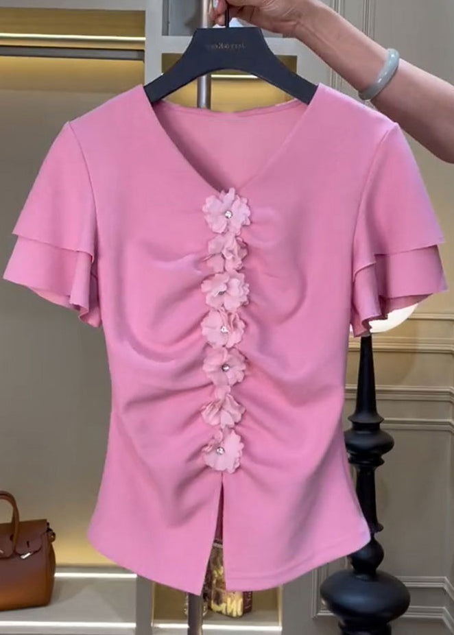 Cute Pink V Neck Floral Wrinkled Top Short Sleeve