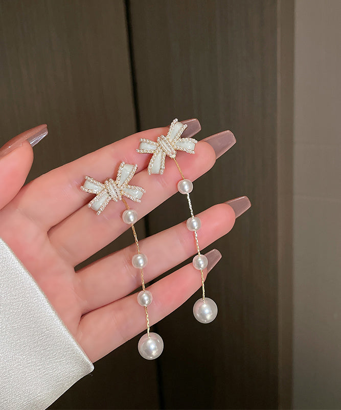 Cute White Sterling Silver Alloy Bow Pearl Tassel Drop Earrings