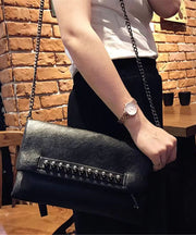 DIY Black Rivet Chain LinkedFaux Leather Satchel Handbag