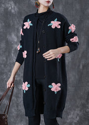 DIY Black Stereoscopic Floral Knit Cardigan Spring