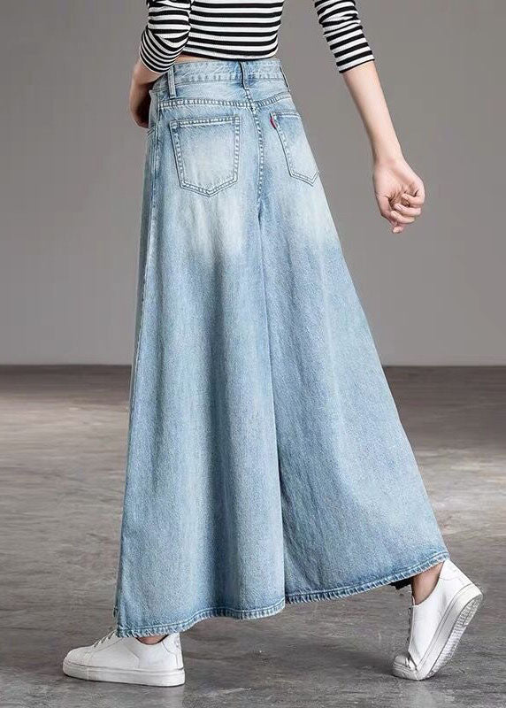 DIY Light Blue-sunflower fashion Pockets Casual Wide Leg Fall Denim Pants