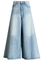 DIY Light Blue-sunflower fashion Pockets Casual Wide Leg Fall Denim Pants