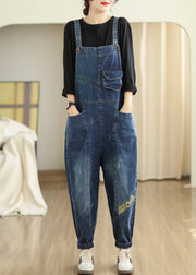 DIY Navy Embroidered Patchwork Denim Jumpsuits Spring