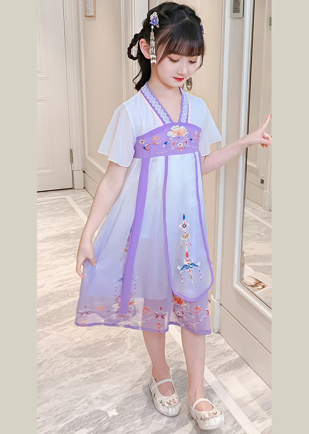 DIY Purple Embroideried Tassel Tulle Girls Long Dresses Summer