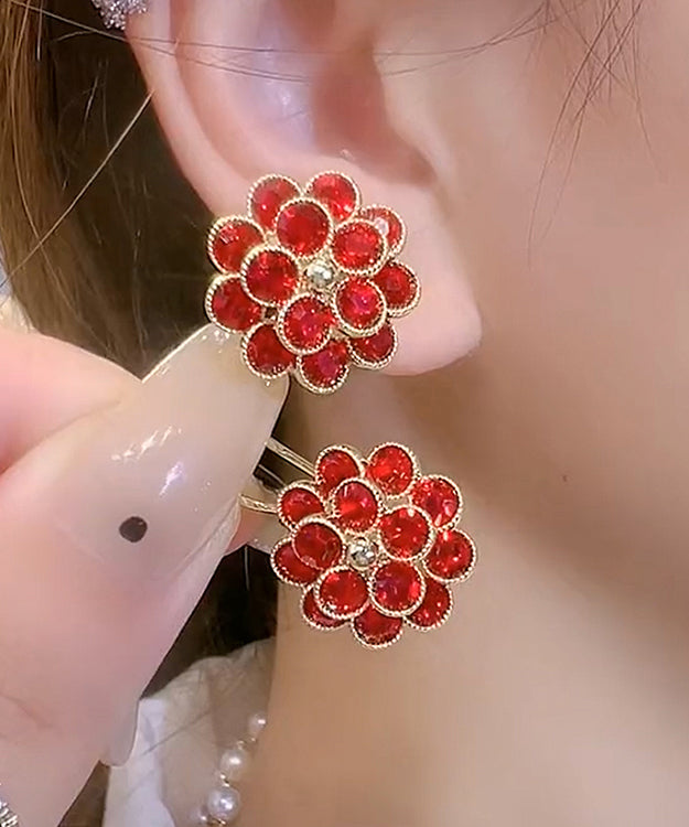 DIY Red Stering Silver Overgild Zircon Sunflower Stud Earrings