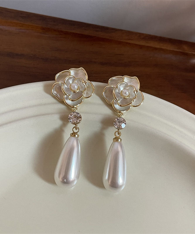 DIY White Alloy Pearl Zircon Floral Drop Earrings