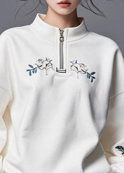 DIY White Stand Collar Zippered Patchwork Fall Sweatshirts Top