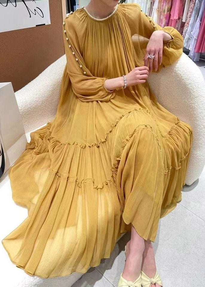 DIY Yellow O-Neck Nail bead Ruffled Silk Dress Long Sleeve