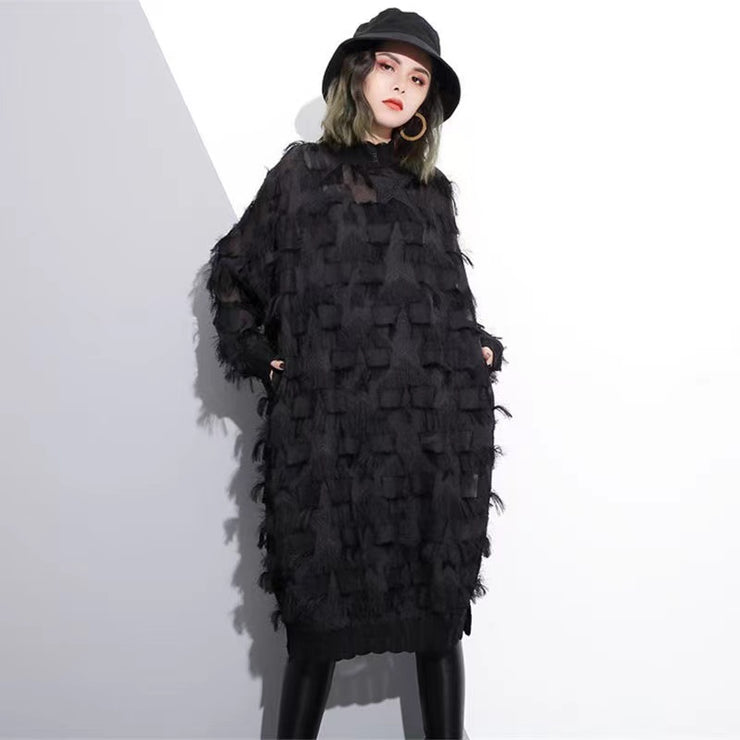 Elegant black lace dresses oversized lace gown women tassel dresses