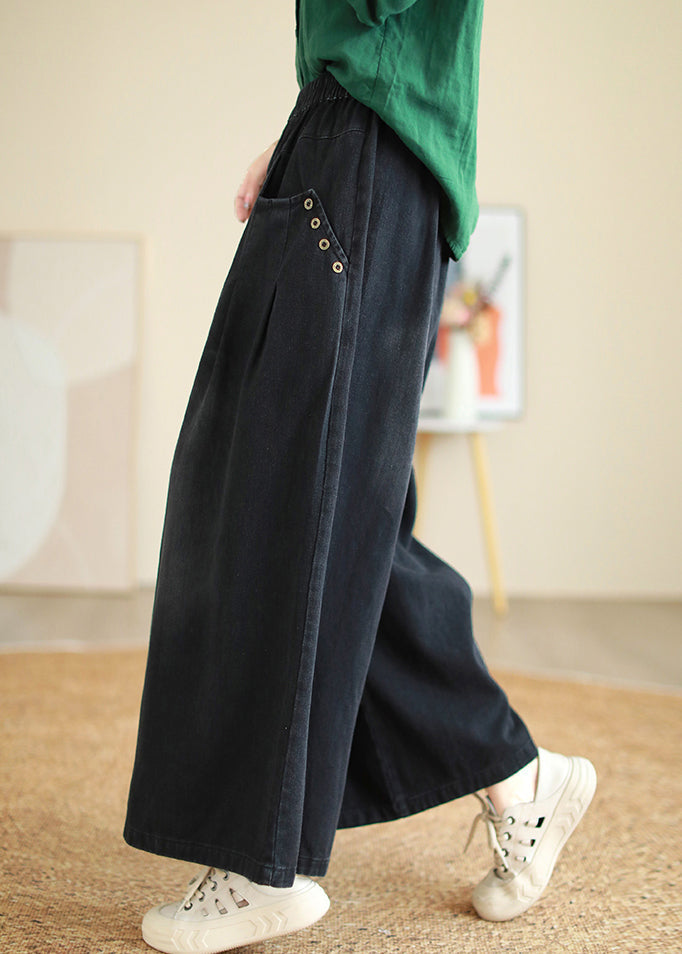 Denim Black Elastic Waist Draping Flared Trousers