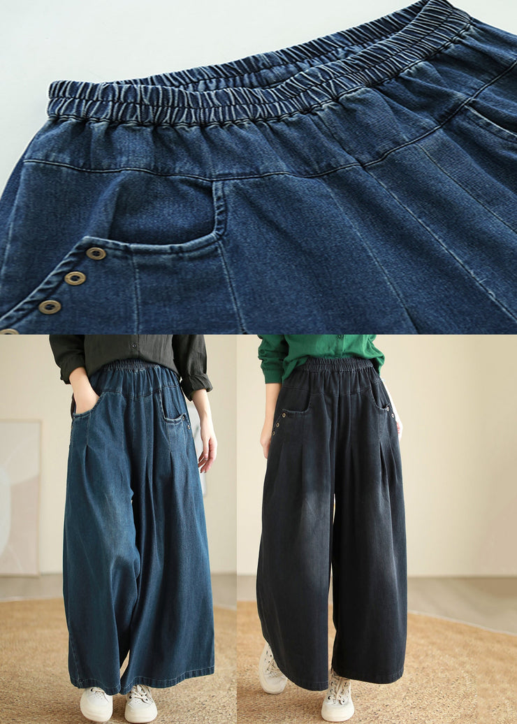 Denim Black Elastic Waist Draping Flared Trousers