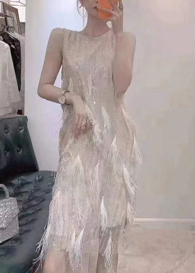 Dinner Beige O-Neck Tassel Lace Maxi Dresses Summer