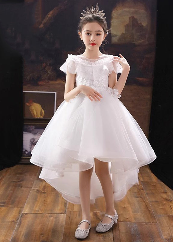 Dinner White O-Neck Floral Kids Tulle Party Maxi Dress Summer