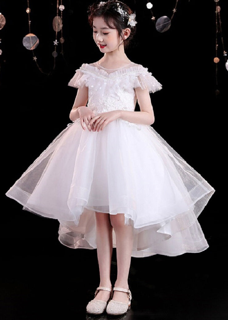 Dinner White O-Neck Floral Kids Tulle Party Maxi Dress Summer