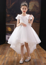 Dinner White O-Neck Floral Kids Tulle Party Maxi Dress Summer