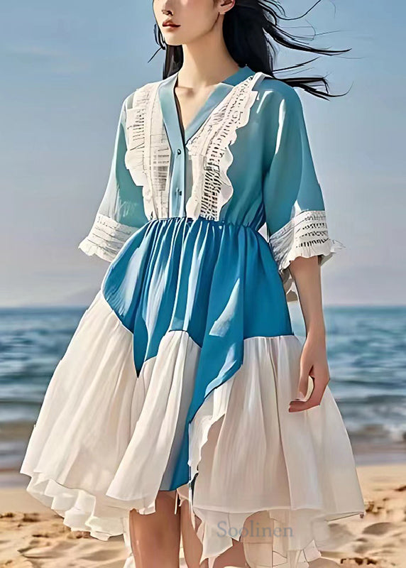 Diy Sea Blue V Neck Patchwork Lace Linen Mid Dress Summer