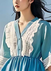 Diy Sea Blue V Neck Patchwork Lace Linen Mid Dress Summer