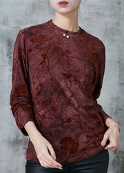 Dull Red Jacquard Silk Velour Shirt Silm Fit Spring