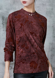 Dull Red Jacquard Silk Velour Shirt Silm Fit Spring