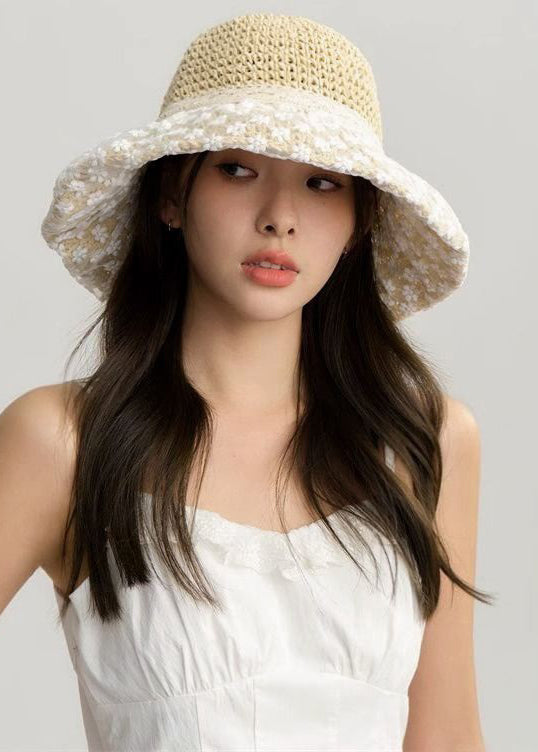 Elegant  Beige Hollow Out Lace Patchwork Straw Woven Bucket Hat