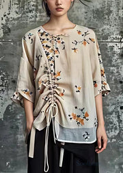 Elegant Apricot Print Lace Up Cotton Blouses Half Sleeve