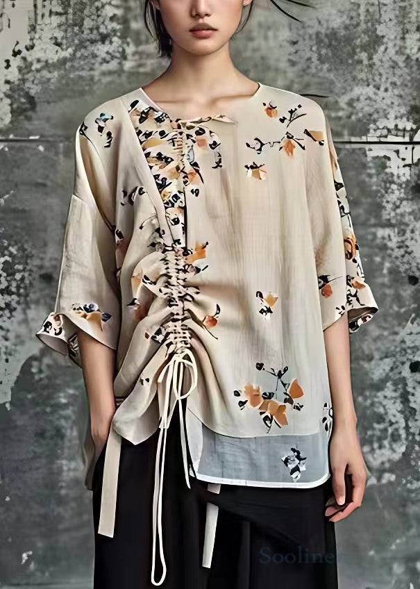 Elegant Apricot Print Lace Up Cotton Blouses Half Sleeve